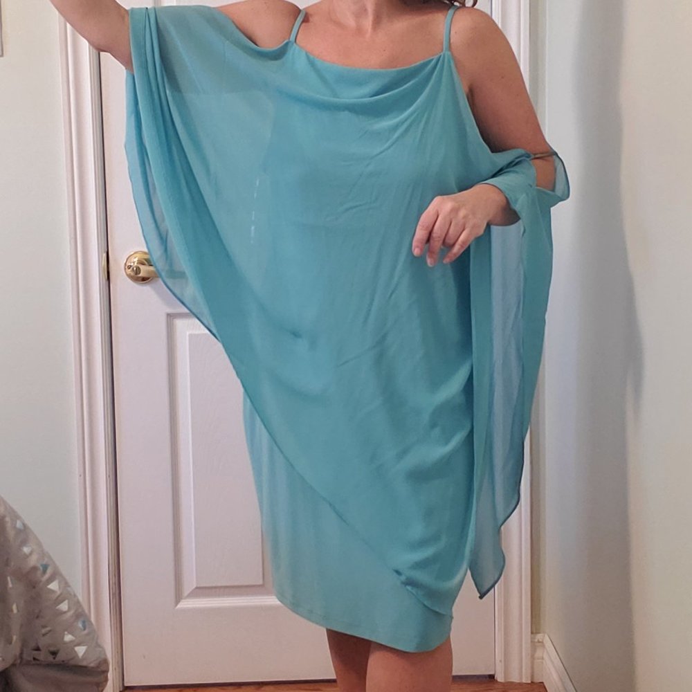 le chateau Aqua Chiffon One-Shoulder Wedding Guest Dress